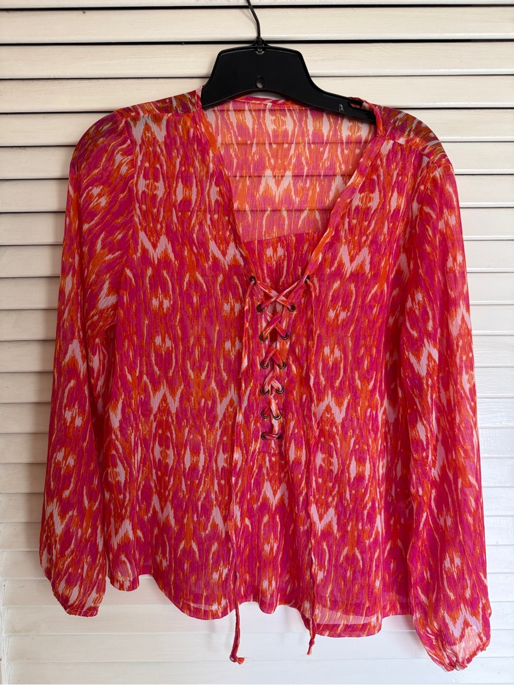 Women's Pink & Orange Lace-Up Peasant Blouse